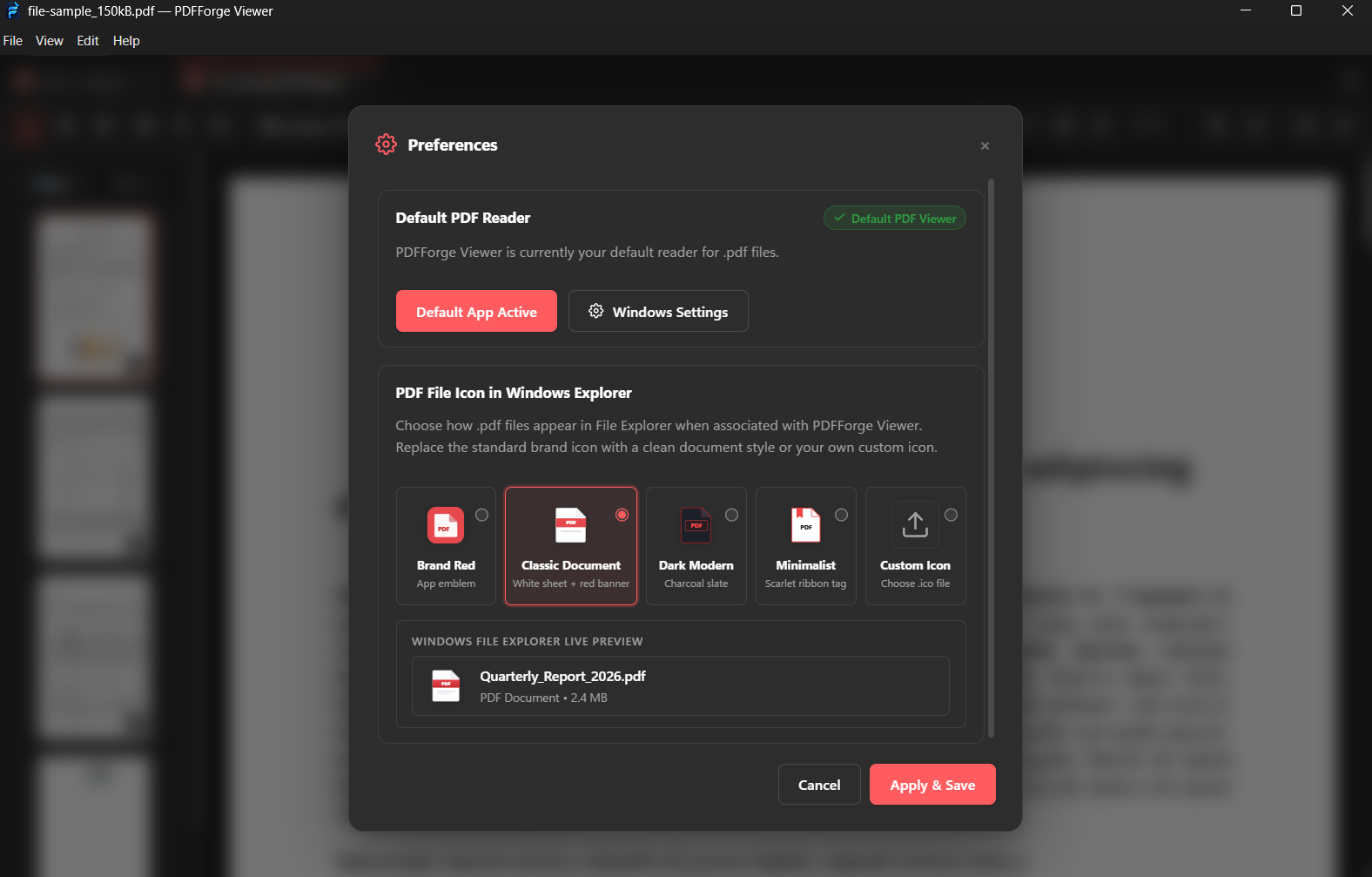 PDFForge Viewer preferences screen showing theme and app options