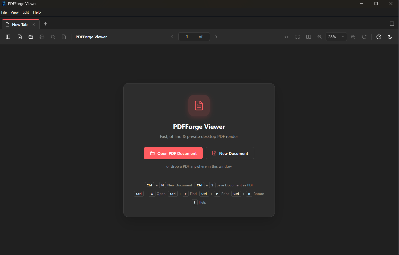 PDFForge Viewer welcome screen with recent files and keyboard shortcuts