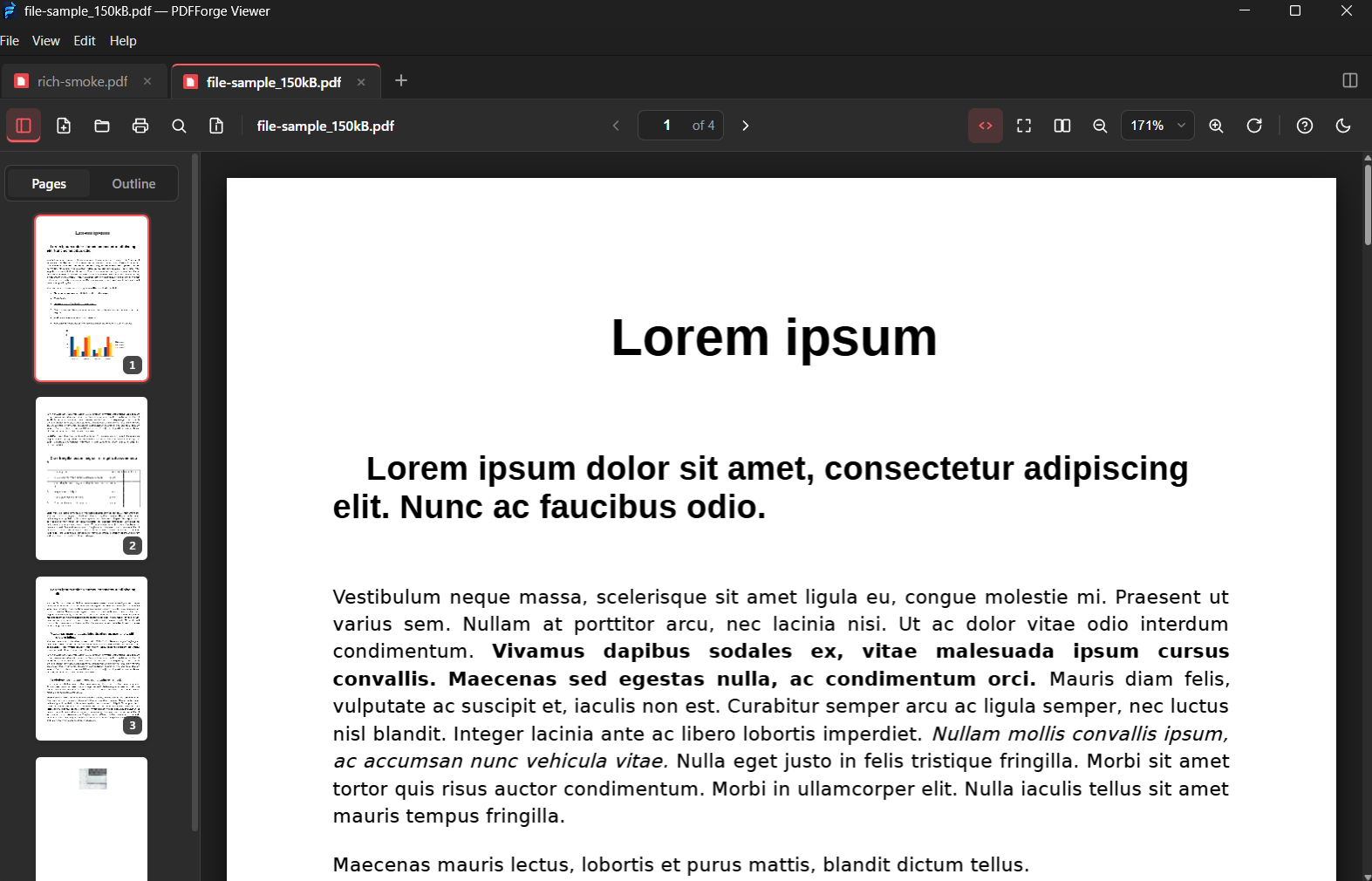 PDFForge Viewer open on a multi-page PDF with zoom controls and page thumbnails